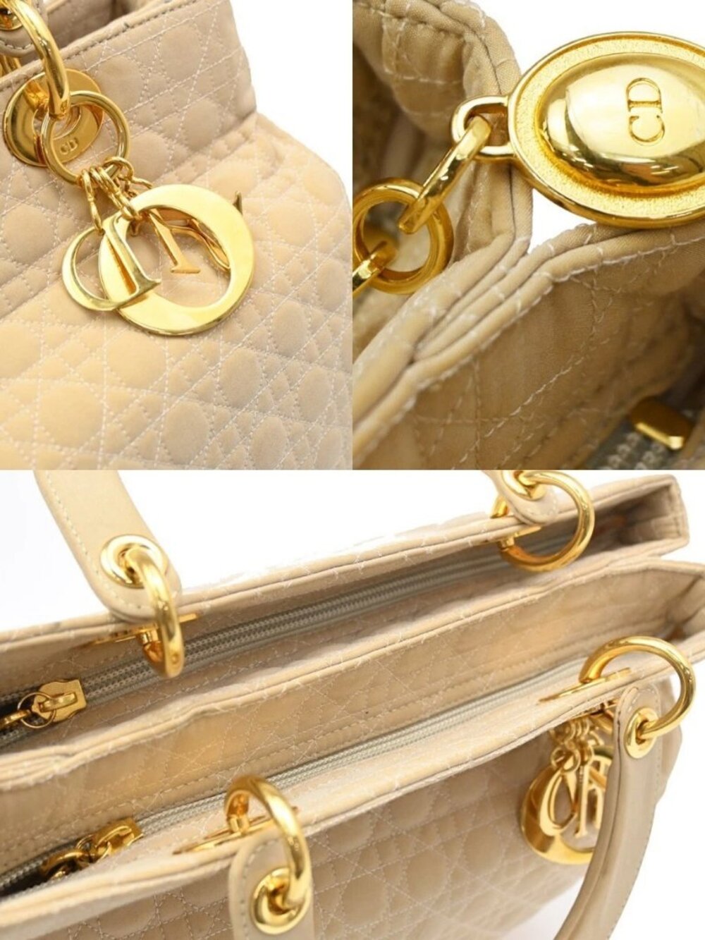 CHRISTIAN DIOR Lady Cannage Tote Hand Bag Nylon Leather Beige GHW Italy 82EF879 - Picture 15 of 16